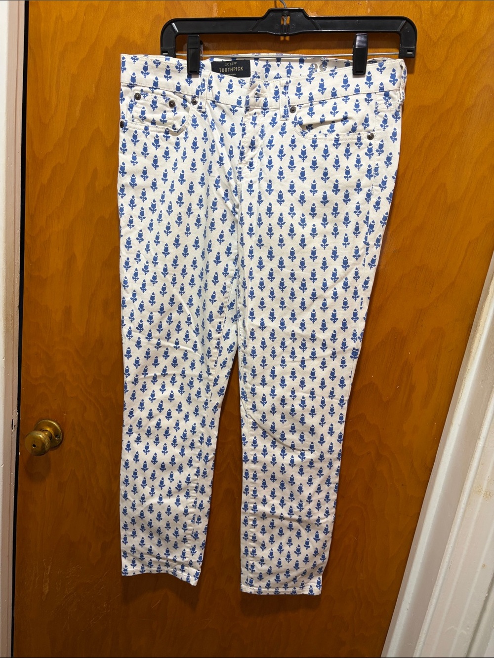 J. Crew Toothpick ankle-length White Skinny Jeans with Blue Floral Motif